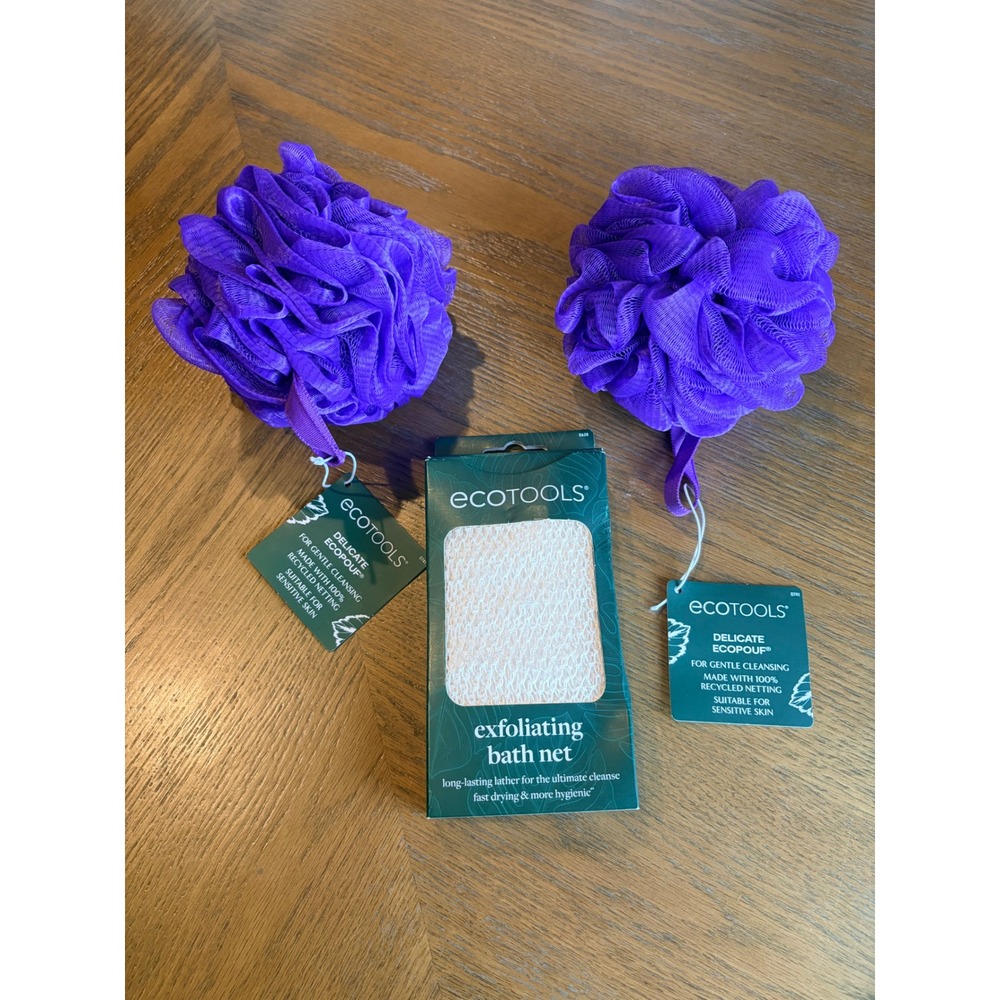 EcoTools 3pc Bath Set 2 Purple Delicate EcoPouf Loofahs and Exfoliating Bath Net